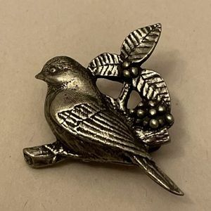 Vintage Pewter BIRDS AND BLOOMS Silvertone Pin Brooch 2002 Bird w/Leaf & Branch